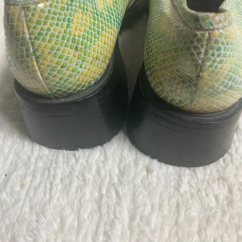 MABOU leather snake skin print Green and Yellow Loafers Block heels SZ8